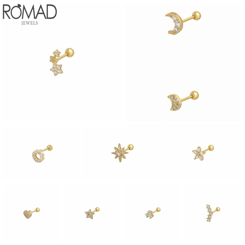 

Romad 1pcs 925 Sterling Silver Stud Earrings Cartilage Helix Heart Star Moon Piercing Earrings For Women Fine Jewelry Aretes W5