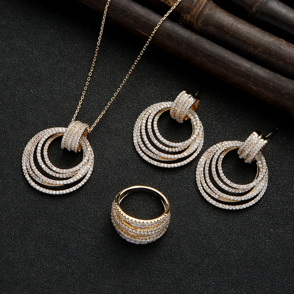 New Designer Luxury Twist Lines Geometry Cubic ZirconEngagement Dubai Naija Bridal Finger Rings Necklace Earring Jewelry set