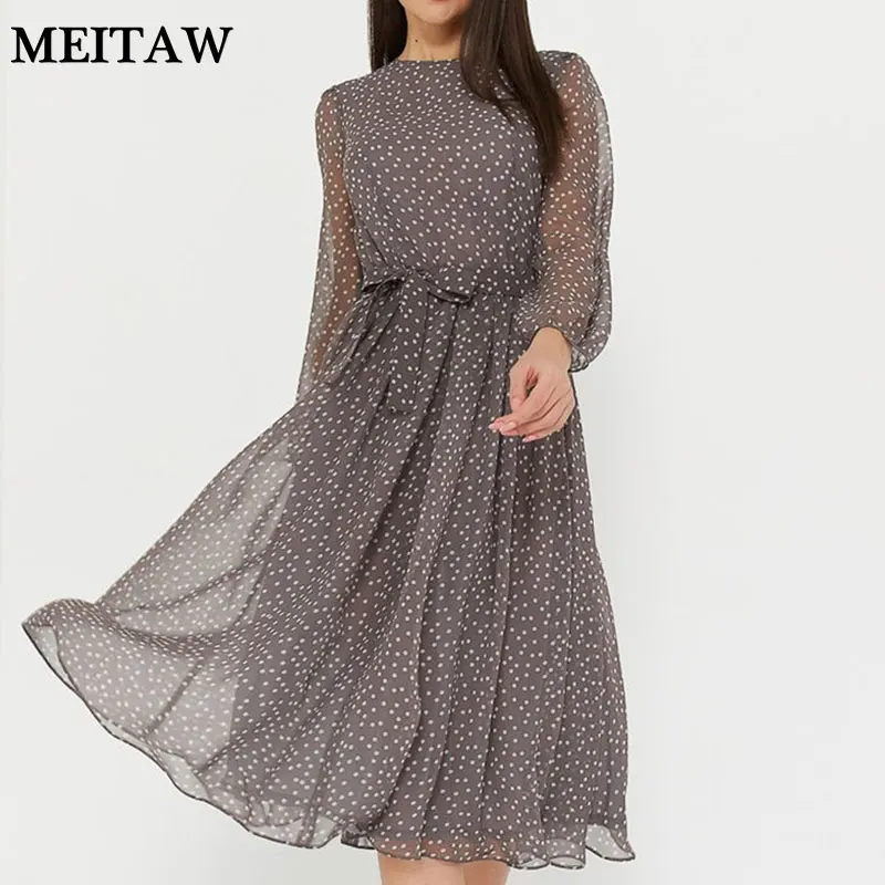 Осенне весеннее черное шифоновое платье для женщин с длинным рукавом в горошек