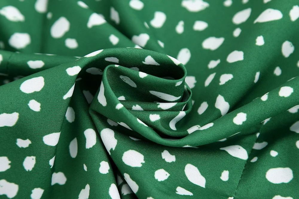 Trendy ZA Green White Dot Print Long Dress Women Boho Turn-Down Collor Belt Split Hem Design Charm Elegant Autumn Style Dress