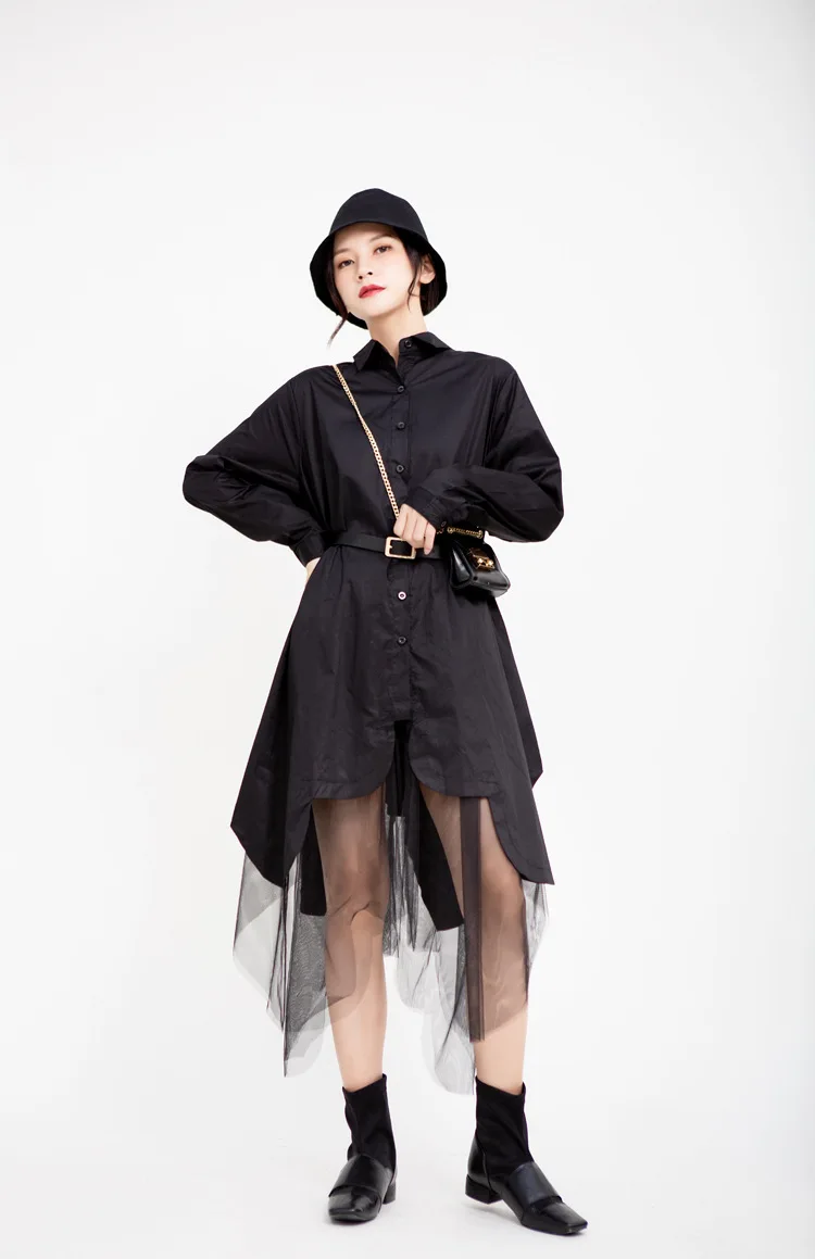 

MSXU Women's Dress Summer 2020 New Women's Oversized Swing Stitching Mesh Irregular Shirt Dress