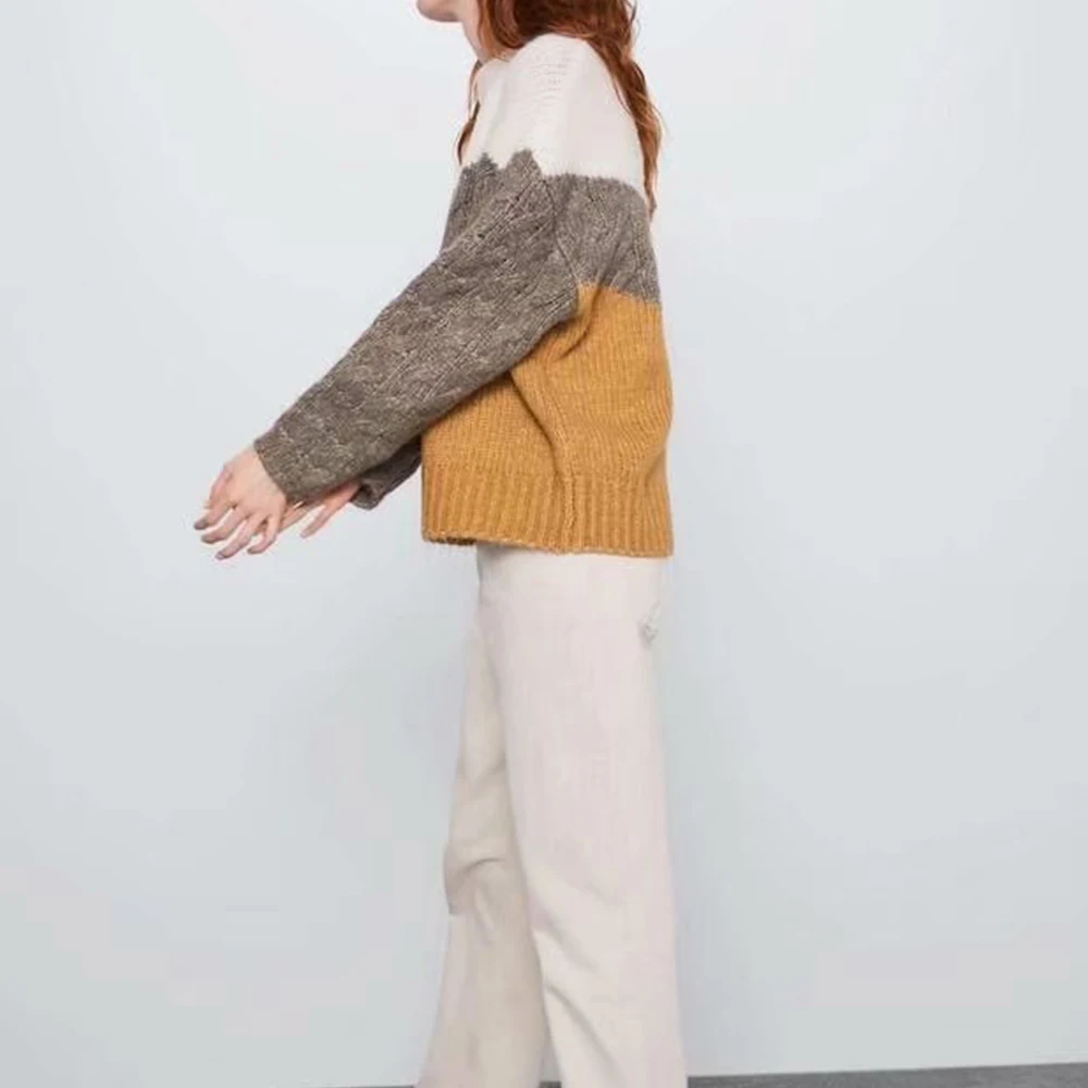 ZA новый весенний женский белый коричневый желтый контрастный вязаный свитер с