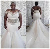 plus size crystal wedding dresses mermaid beading charming bridal gowns off the shoulder zip back sweep train african dubai