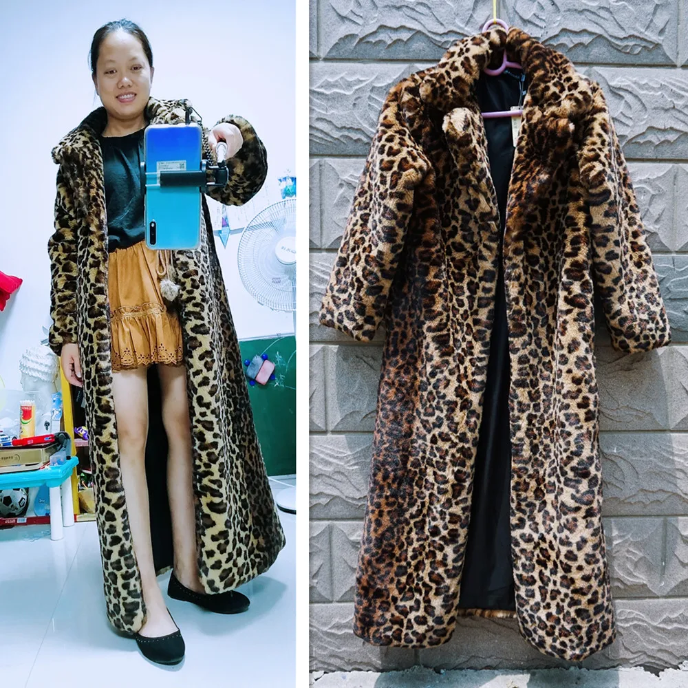 

GTGYFF Leopard Print Maxi Long Fake Fur coat Autumn Winter Women Warm Artificial Outerwear Clothes With Collar S-3XL Customize
