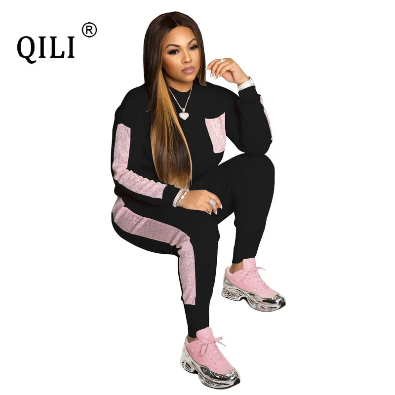 Женский костюм двойка с блестками Топ длинным рукавом и брюки|Женские