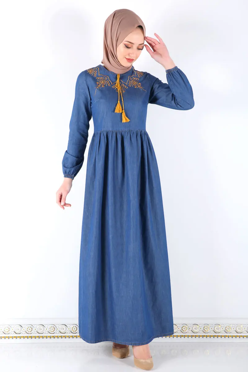 Желтое джинсовое платье с вышивкой Colar TSD4360 Dark|Женские платья| |