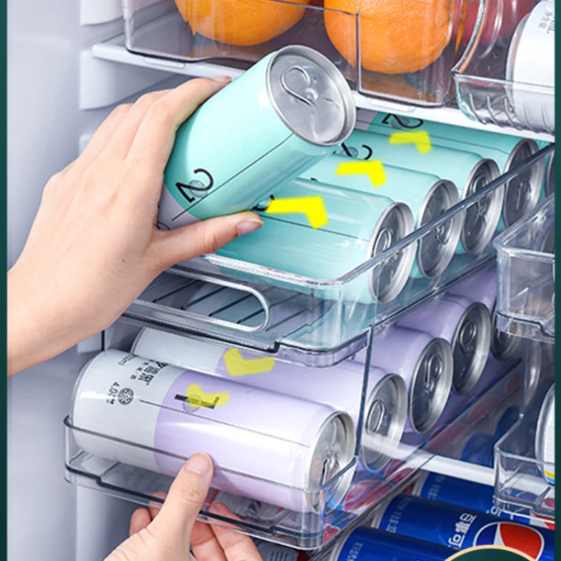 

Refrigerator Beverage Storage Box Automatically Slides Down Beer Cola Cans Double Drawer Kitchen Finishing Storing Transparent