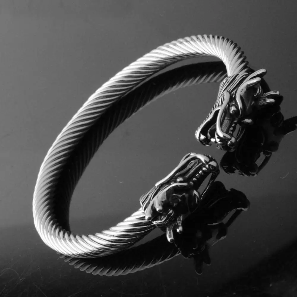 Шикарный браслет на запястье с двойной Головой Дракона для мужчин из нержавеющей
