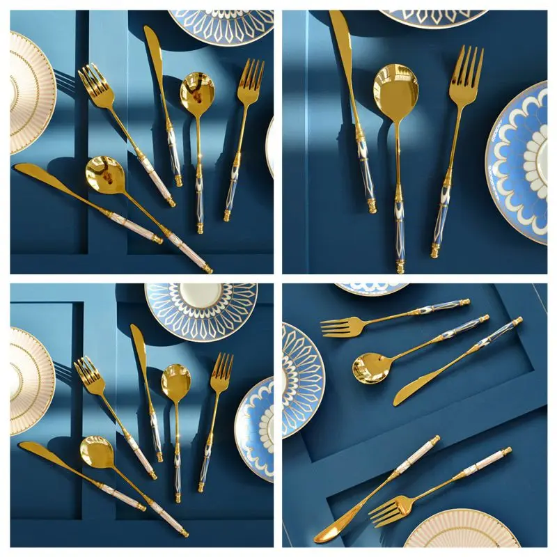 

Stainless Steel Kitchen Tableware Spoon With Ceramic Handle Gold Dinnerware Cutlery Polished For Home Restaurant Bar