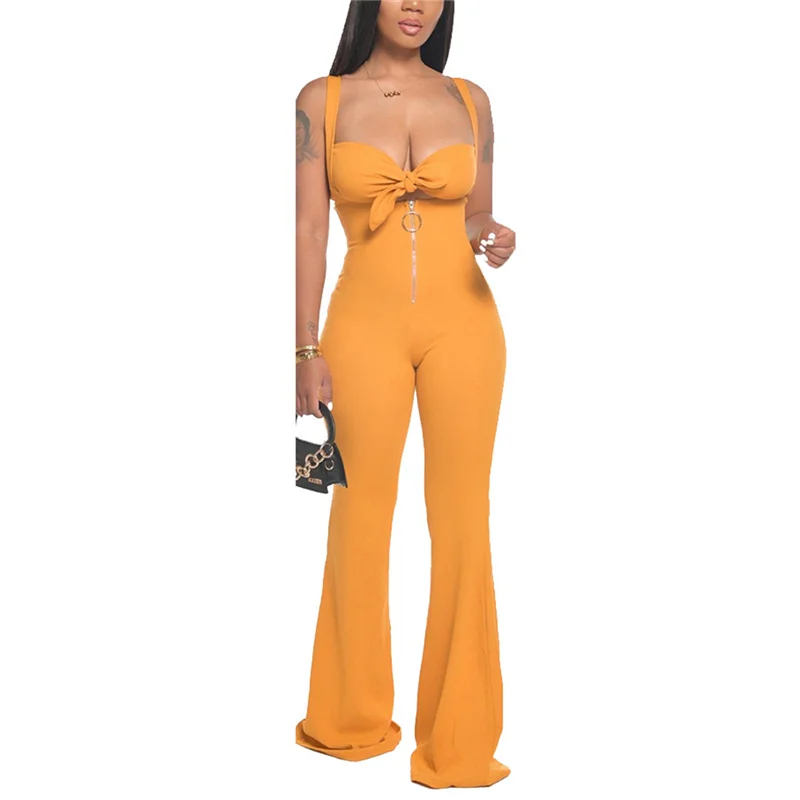 

New Women Low-cut Solid Jumpsuits Tie Knot on the Chest Super Comfortable Loose Jumpsuits Party Clubwear with Front Zipper