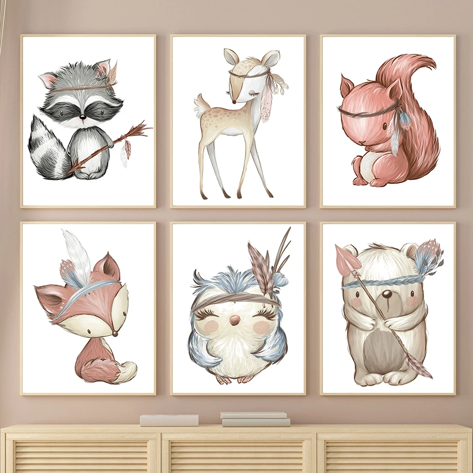 

Sika Deer Fox Rabbit Owl Bear Raccoon Squirrel Nordic Posters And Prints Wall Art Canvas Painting Wall Pictures Kids Room Decor