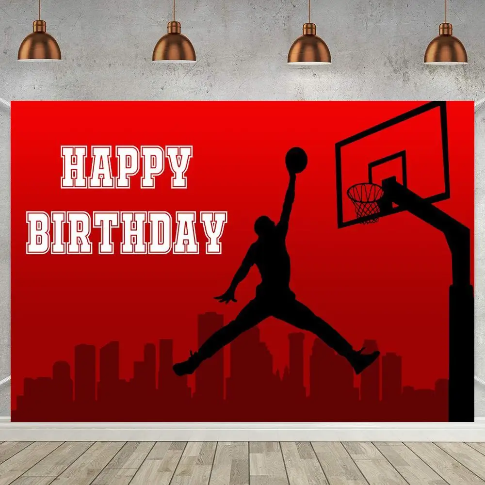 Баннер для дня рождения спортсмена с баскетболом на красном фоне для фотосъемки и семейного празднования.