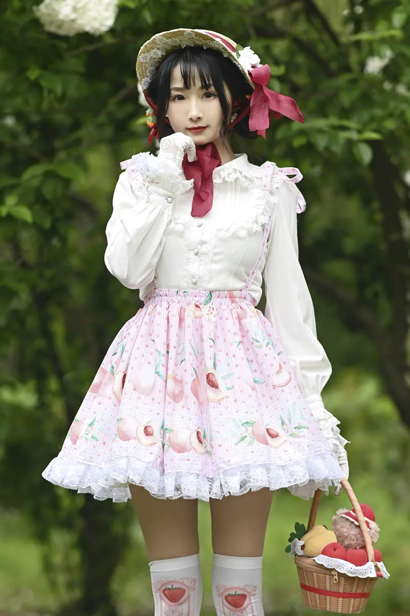 

Lace Sweet Lolita SK Pink Juicy Peach Print Lolita Suspender Skirts