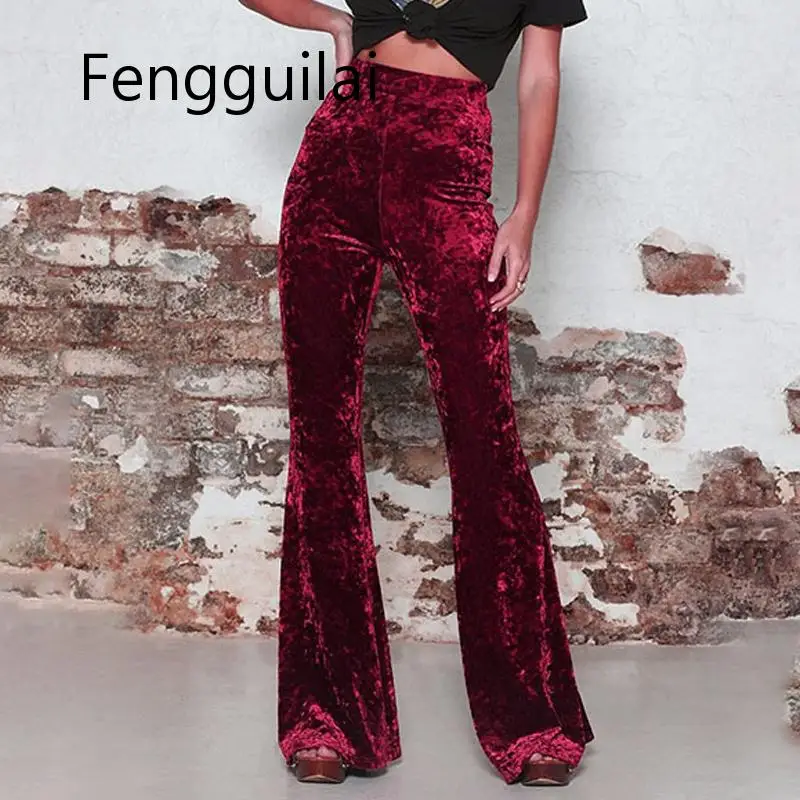 NEW Wide Leg High Waist Velvet Flare Pants Red Black Stretchy Skinny Streetwear Trousers Women Autumn Winter Clothes Slim Pants