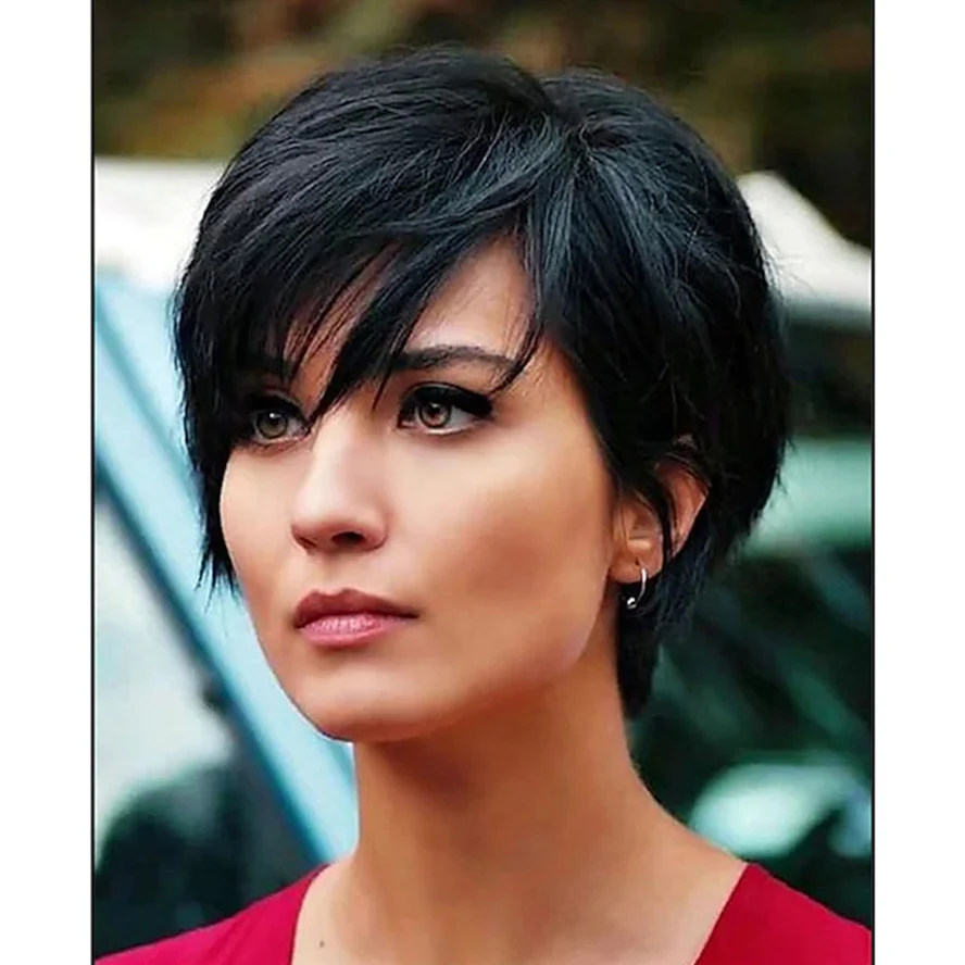 Human Hair Blend Wig Short Straight Natural Straight Bob Pixie Cut Asymmetrical Black women wig for women