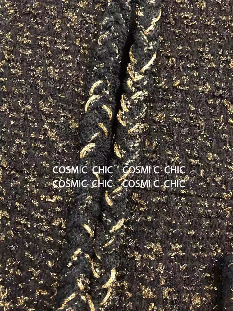 Cosmicchic, женское осеннее Элегантное Черное короткое пальто, роскошная шерстяная твидовая куртка с длинным рукавом, золотая нить, плетение, OL, Женская куртка