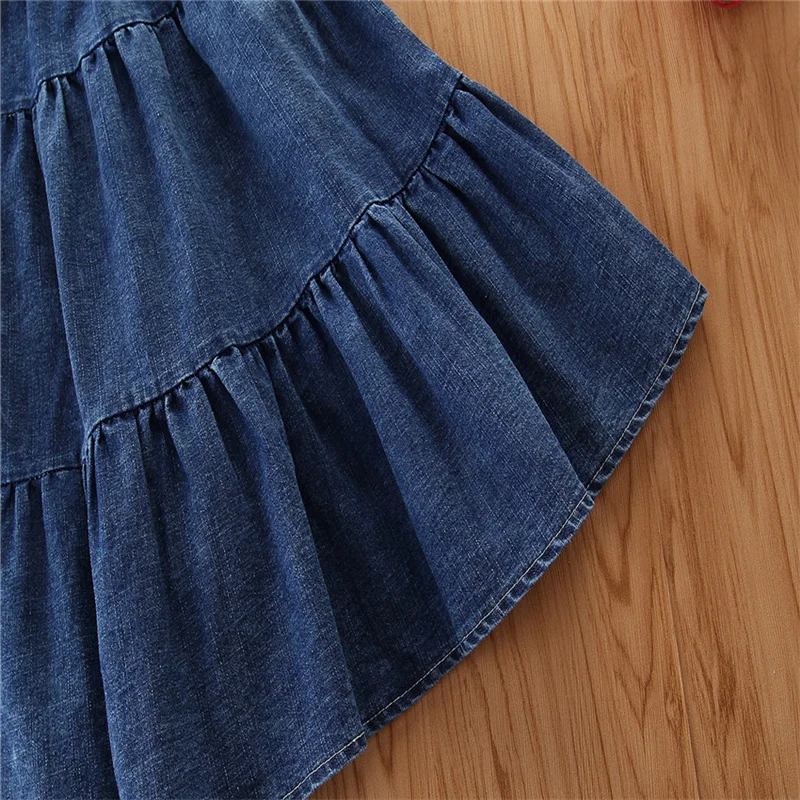 

2Pcs Casual Clothes Kid Girl Dress Set Pink Solid Color Sleeveless Sling Ruffle Camisole Top and Denim Dress 1-6Y
