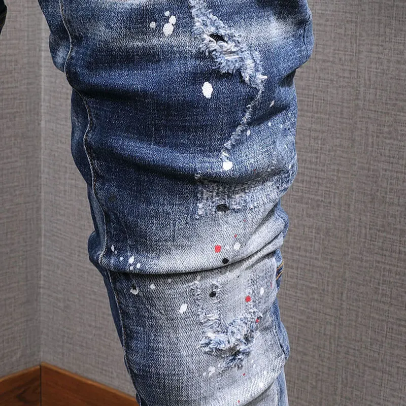 European American Street Fashion Men Jeans Retro Blue Elastic Slim Ripped Jeans Men Painted Designer Hip Hop Denim Punk Pants