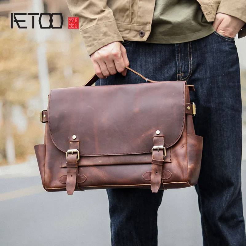 AETOO мужская повседневная многофункциональная сумка кожаная винтажная воловья на