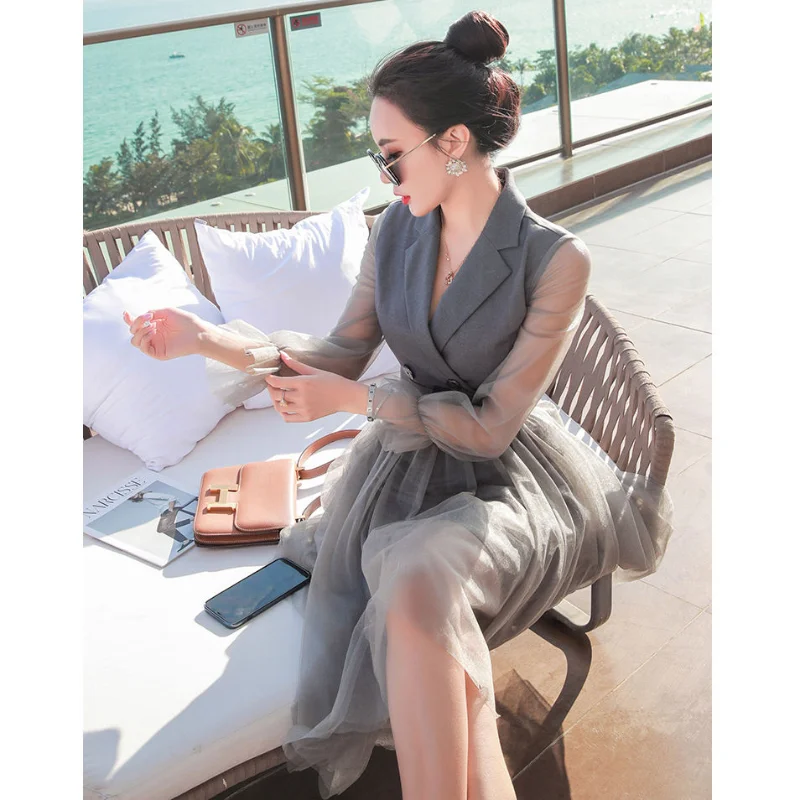 

2021 Women Spring Summer Elegant Suit Mesh Dresses Lady Notched Sashes Short Sleeve Vestido Female Casual Solid loose Dress K121