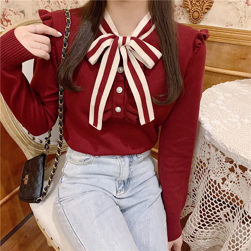 В винтажном стиле С бантом в Корейском свитер для женщин осень-зима с длинным