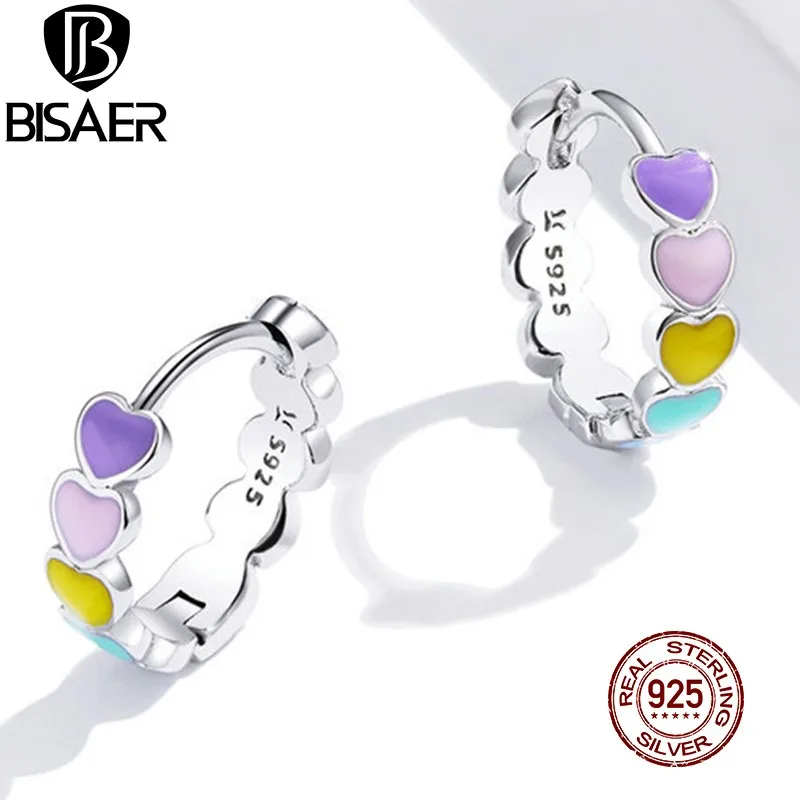

BISAER Rainbow Heart Hoop Earrings Real 925 Sterling Silver Colorful Enamel Round Earrings For Women Wedding Jewelry ECE909