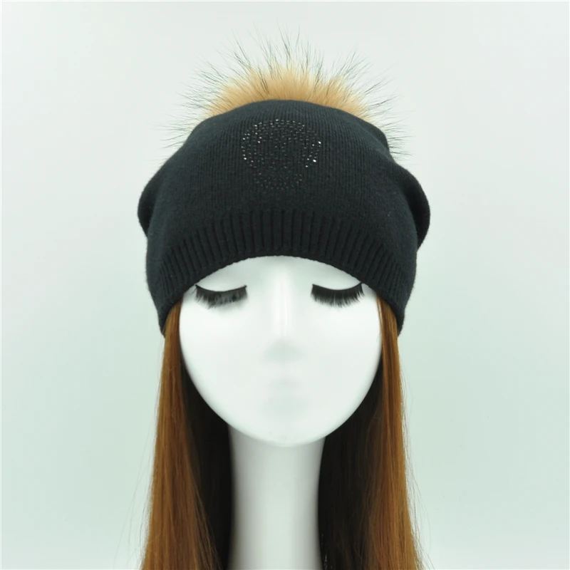 Real Fur Winter Hat Raccoon Fur Pom Pom Hats Shining Rhinestone For Women Brand Thick Women Hat Wholesale Knitted Beanies Cap