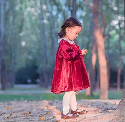 Для маленьких девочек осень-зима весенние цвет вина красный бархат с длинным