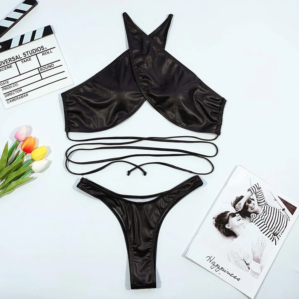 

New PU Leather Swimwear Sxey Thong Bikini Women 2020 Bandage Swimsuit Female Solid Bathing Suit High Cut Biquini Beachwear Mujer