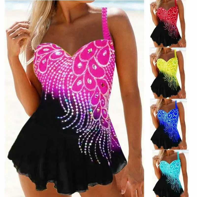 

2 Piece Beach Dress Sexy Split Swimwear Print Diamond Feather Biquini Swimming Suit For Women Swimsuit S-5xl