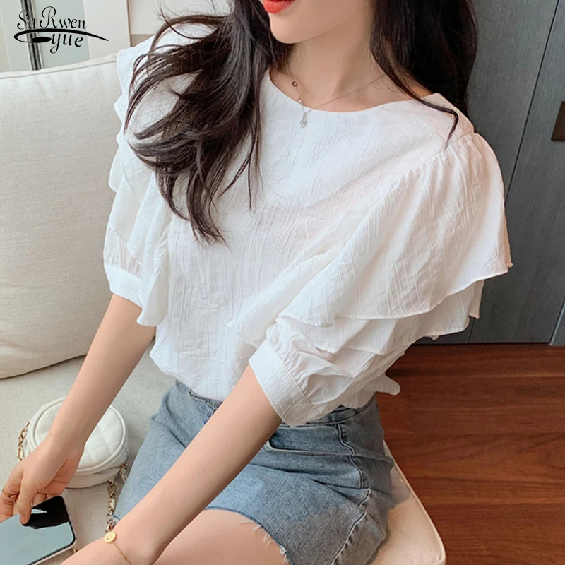 

2021 Summer New Style Chiffon Blouse Women Elegant Short Sleeve Lace Up Women Shirts Blue White Oversized Female Clothing 14418