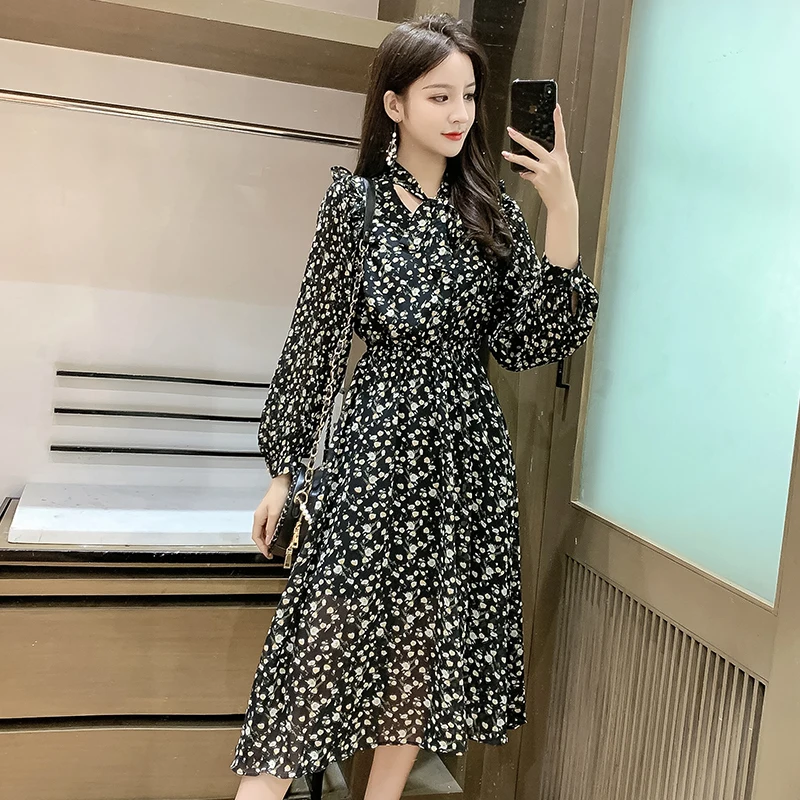 Новинка 2020 весеннее женское платье с цветочным рисунком длинным рукавом в