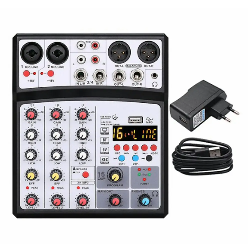 

Protable Mini Mixer Audio DJ Console 4-channel with Sound Card, USB, 48V Phantom Power for PC Recording Singing Webcast Party