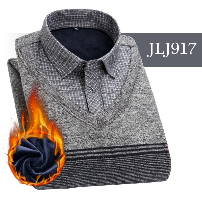 JLJ917 Мужская одежда, рубашки с вышивкой, в полоску, макет, из двух частей, платье, рубашка, имитация двойки, длинный рукав, толстый бархат, свитер, рубашки - Цвет: JLJ917