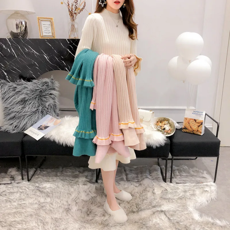 2021 autumn and winter thick warm knit dress female striped long paragraph trumpet sleeves bottom sweater skirt | Женская одежда