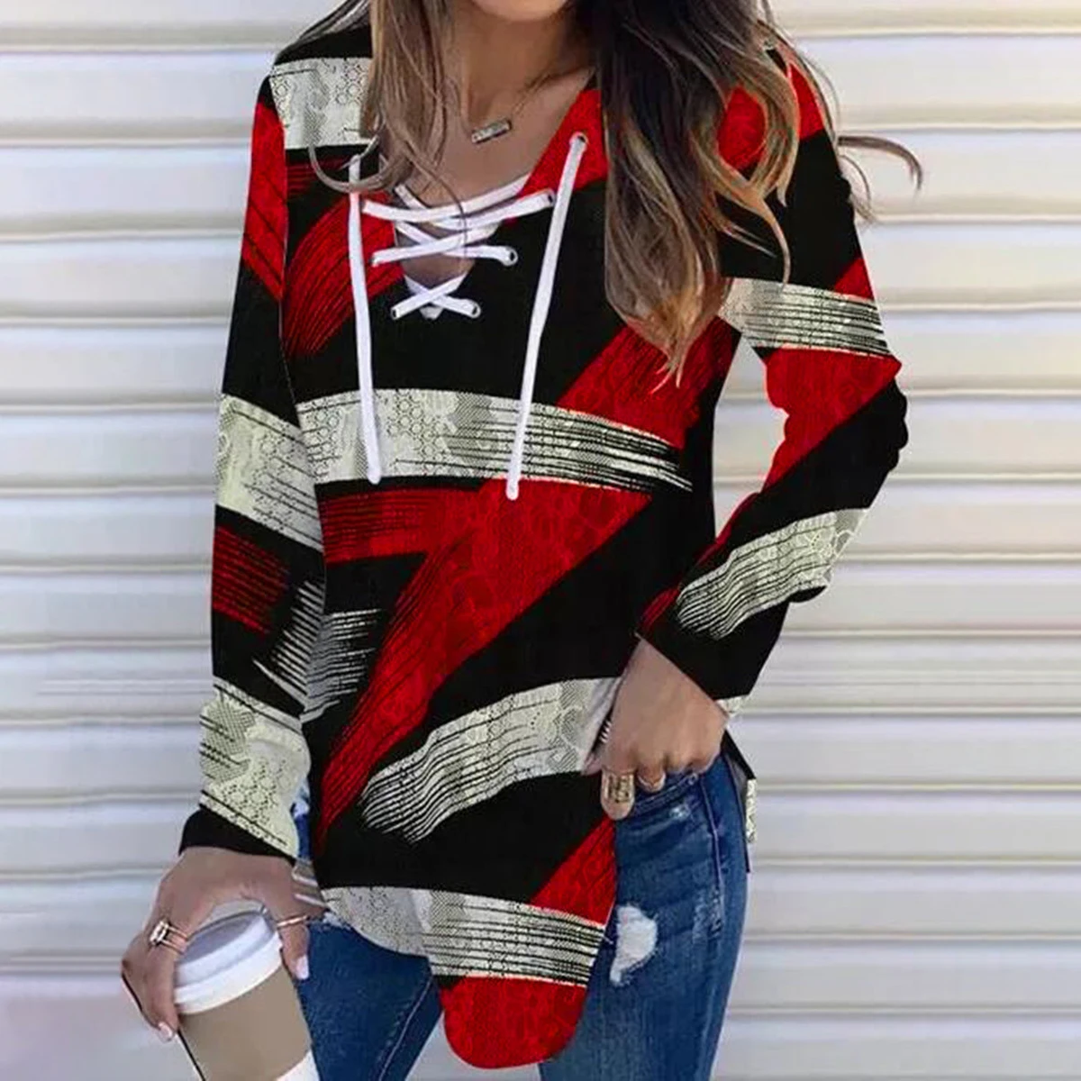 

New Winter Spring Autumn Women's Loose Sexy V Neck Printed Vintage T Shirts Tops Fall Full Long Sleeve Casual Top T-Shirt 2021