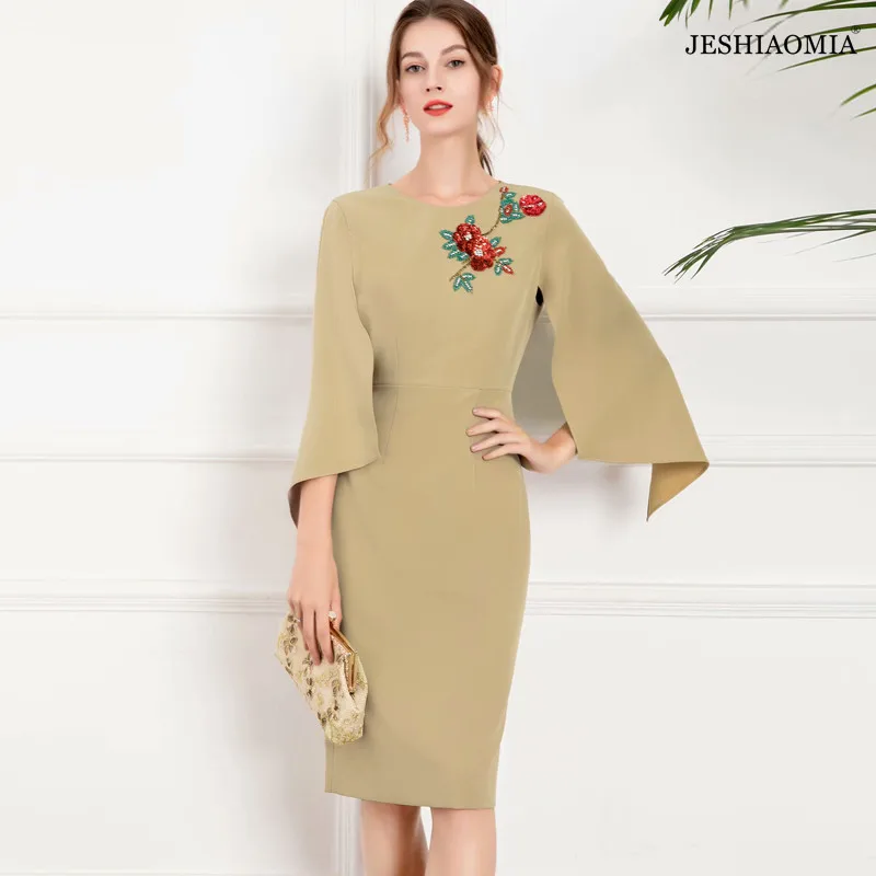 

JESHIAOMIA-2021 Autumn Round Neck Flower Beaded Cape-sleeve Midi Dress