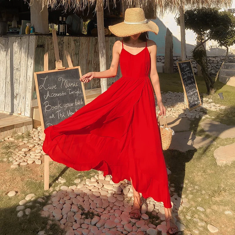 Женское пляжное платье EAD Красное Облегающее Платье на бретелях с открытой