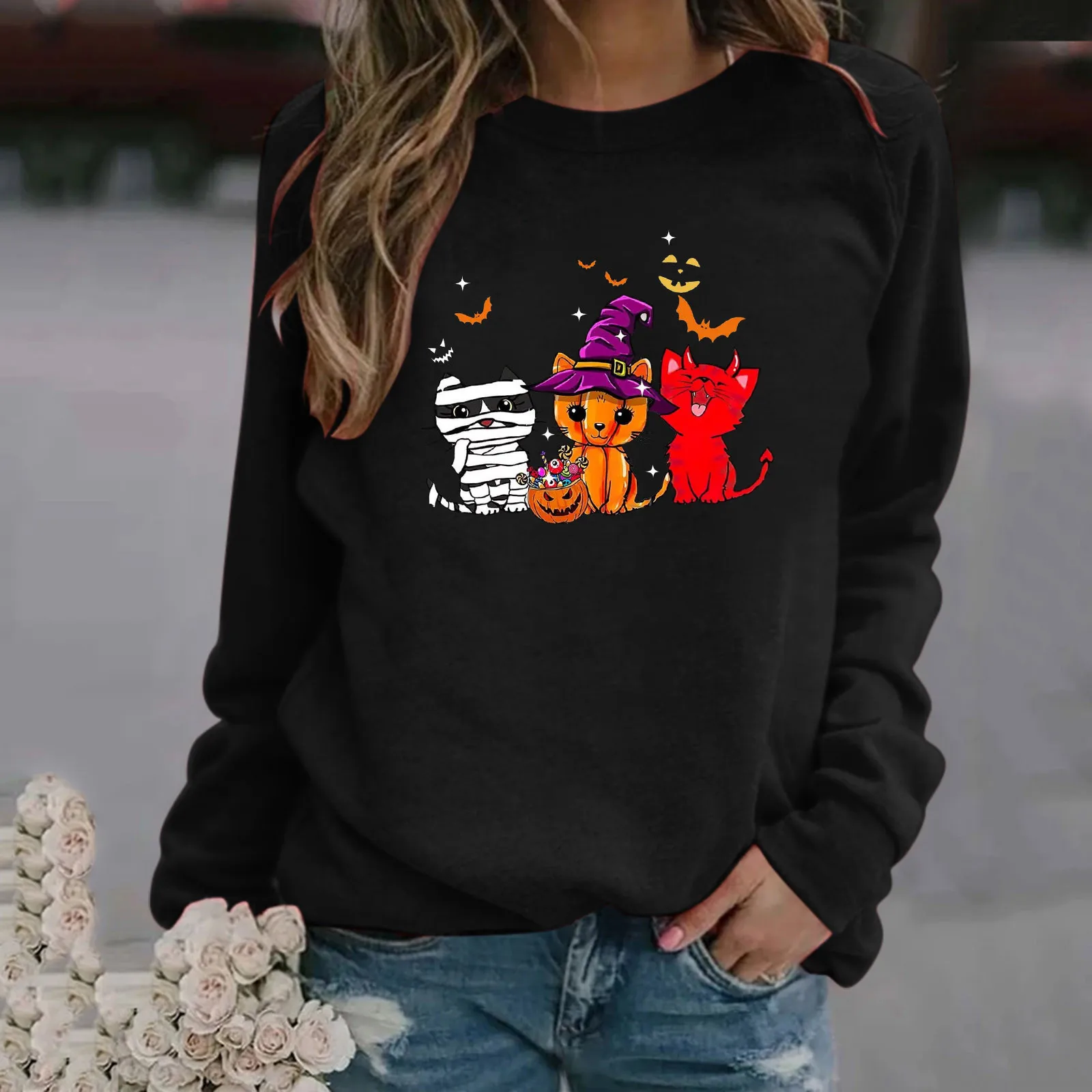 

Oversized Women Pullover Fashion Halloween Element Print Long-sleeve Sweatshirt Casual Hoodie Round Neck Autumn Pullover Tops