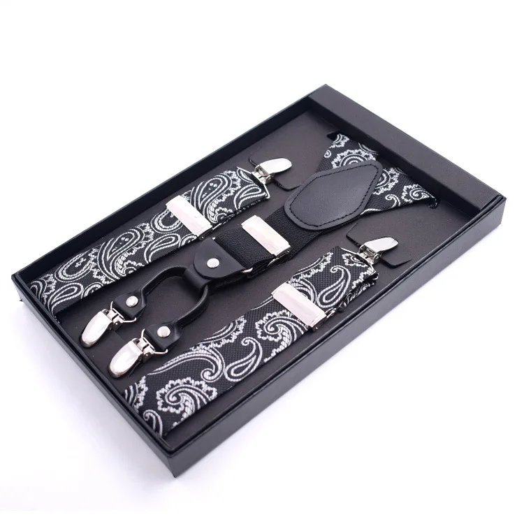 

Print Suspender Men Real Leather Alloy 4 Clips Belt Elastic Trouser Straps Fashion Commercial Pants Braces 3.5cm Width