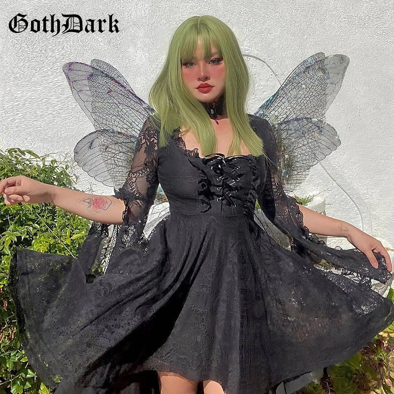 

Goth Dark Fairygrunge Aesthetic Lace Women Black Dresses Gothic Bandage Flare Sleeve Partywear Transprent A-line Bodycon Dress