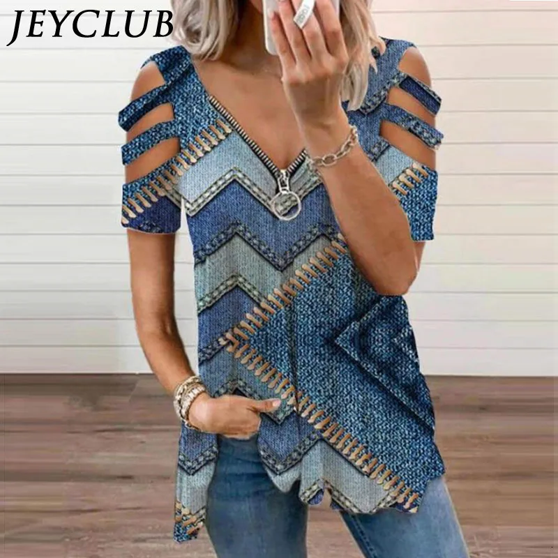 

FAKUNTN Women's T-Shirt 2021 Summer Fashion Print Floral V-Neck Zipper Tshirt Hollow Pullover Casual Loose Oversize Ladies Top