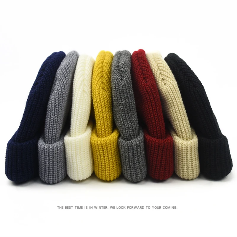 

Knit Mens Hat Skullcap Men Beanie Hats Solid Color Keep Warm Winter Short Brimless Baggy Melon Cap Fisherman Knitted Hat Women