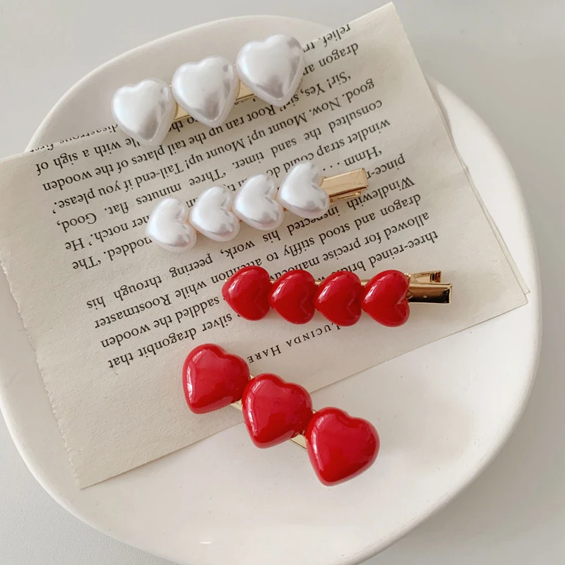 Красный белый жемчуг имитация бисера зажим для волос сердце женщин заколка