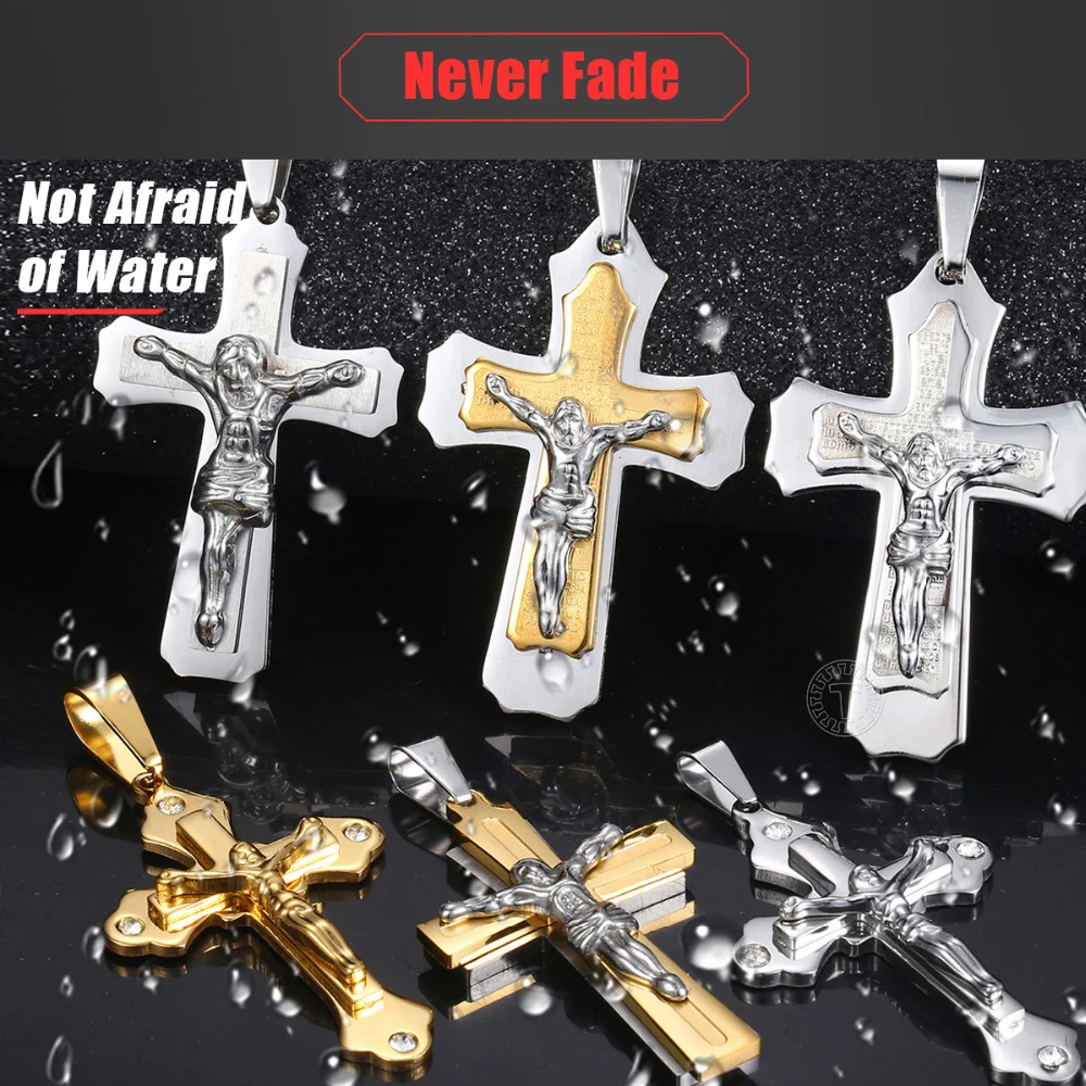 Мужской кулон с крестом Иисуса Христа золотой черный серебряный цвет подвески из