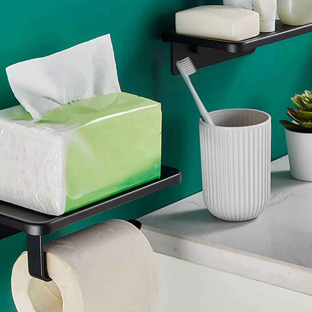 

1pc Wall-mounted Roll Paper Shelf Bathroom Nail-free Storage Shelf (Black)