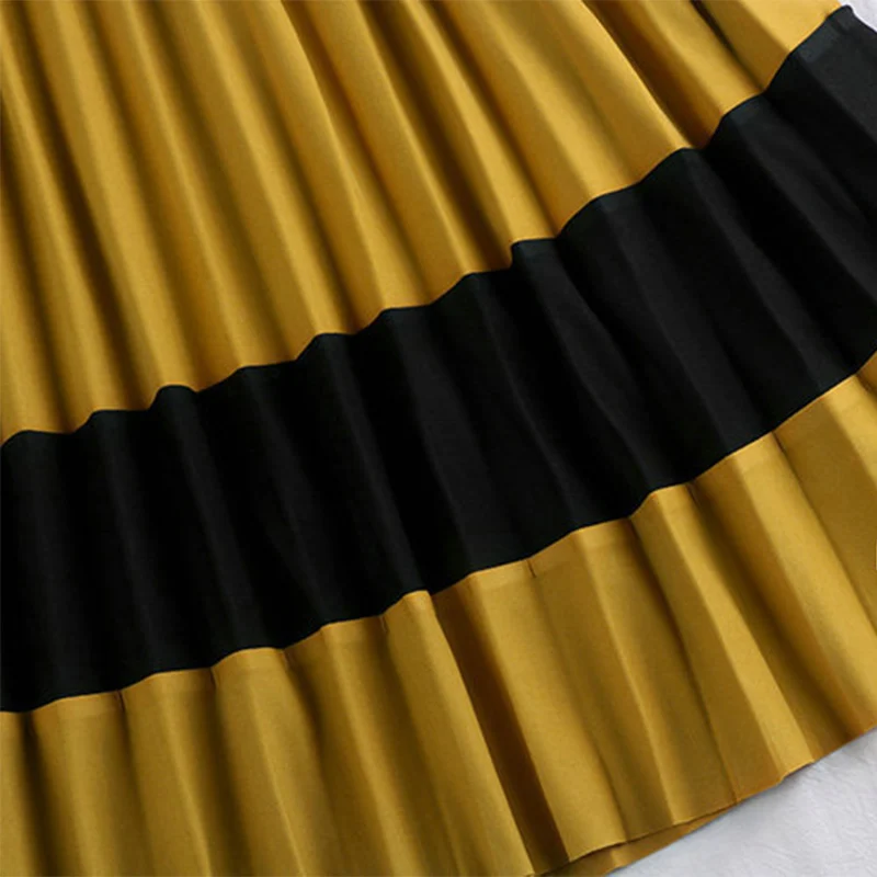 

Women's Contrast Color Pleated Long Skirts Autumn Winter A-line Elastic High Waist Female Skirt 2021 Fashion Korean Sweet Bottom