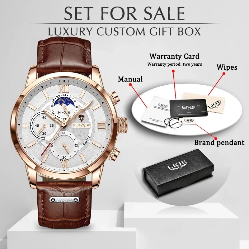 

LIGE Men Watches 2021 New Fashion Leather Waterproof Luminous Top Brand Luxury Mens Quartz Wristwatch Men Relogio Masculino+box