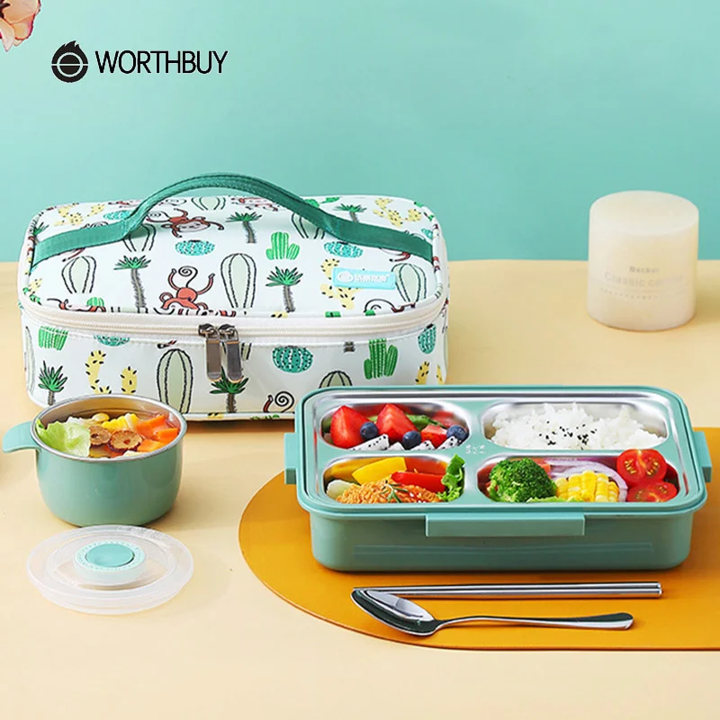 

WORTHBUY Kid's Lunch Box With Compartments 18/8 Stainless Steel Food Storage Container For Children School Picnic Bento Food Box