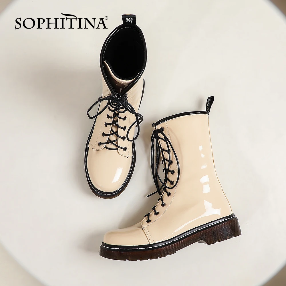 

Ботильоны SOPHITINA женские из лакированной кожи, классические короткие плюшевые ботинки, на шнуровке, красные, белые, PO741, Осень-зима